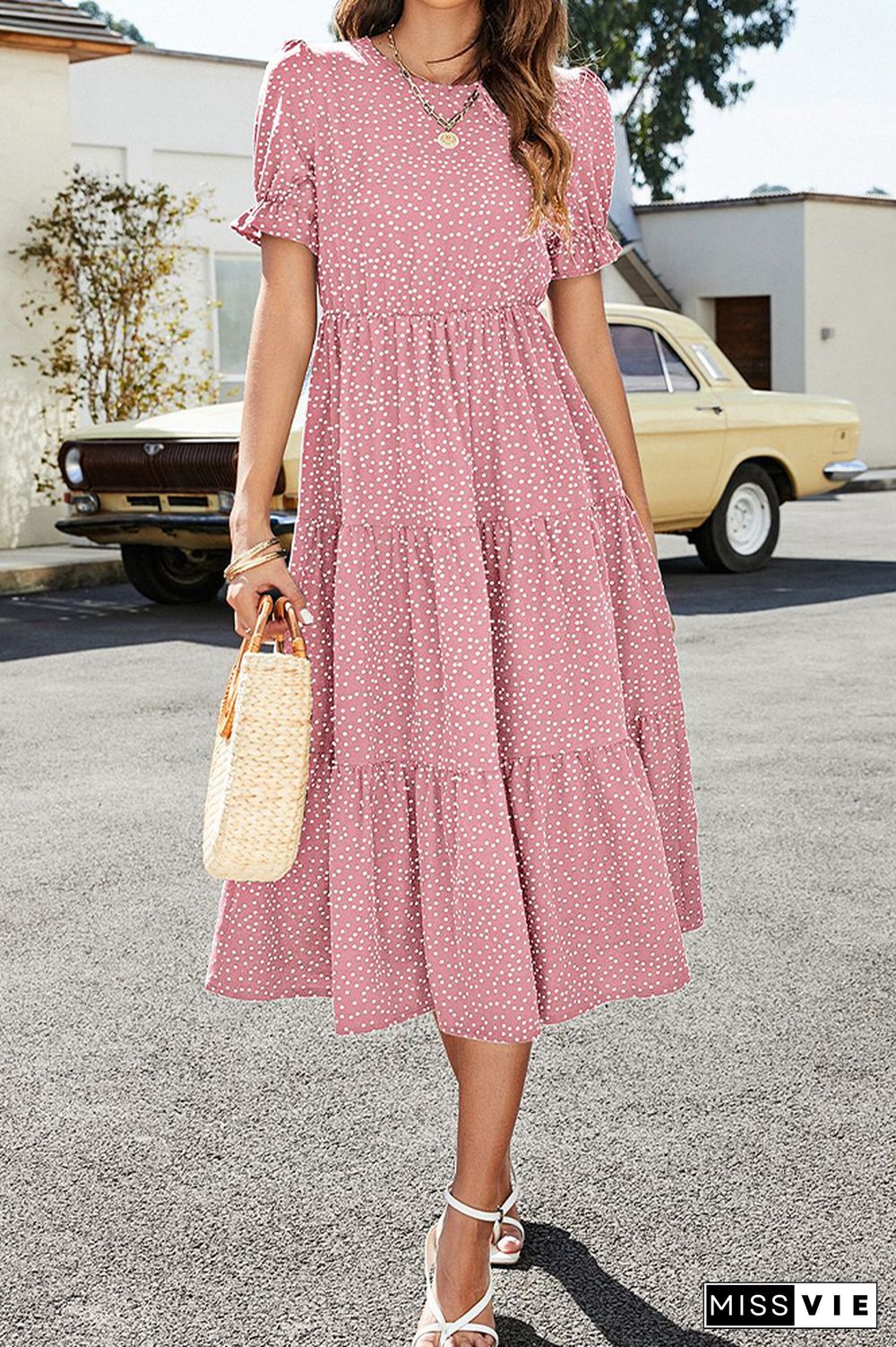 Polkadot Print Puff Sleeve Long Dress Wholesale