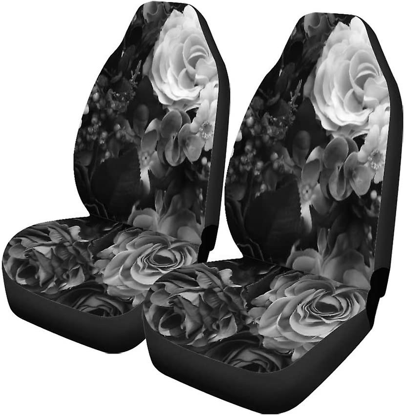 Set Of 2 Car Seat Covers Gray Bouquet Rose Black And White Color Floral Vintage Universal Auto Front Seats Protector Fits