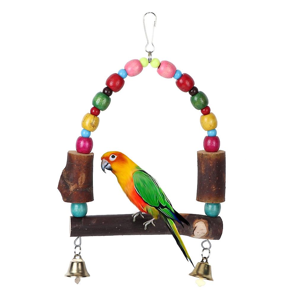 Wooden Bird Cage Stand Parrot Hanging Swing With Colorful Beads Bell Resting Rack Toy
