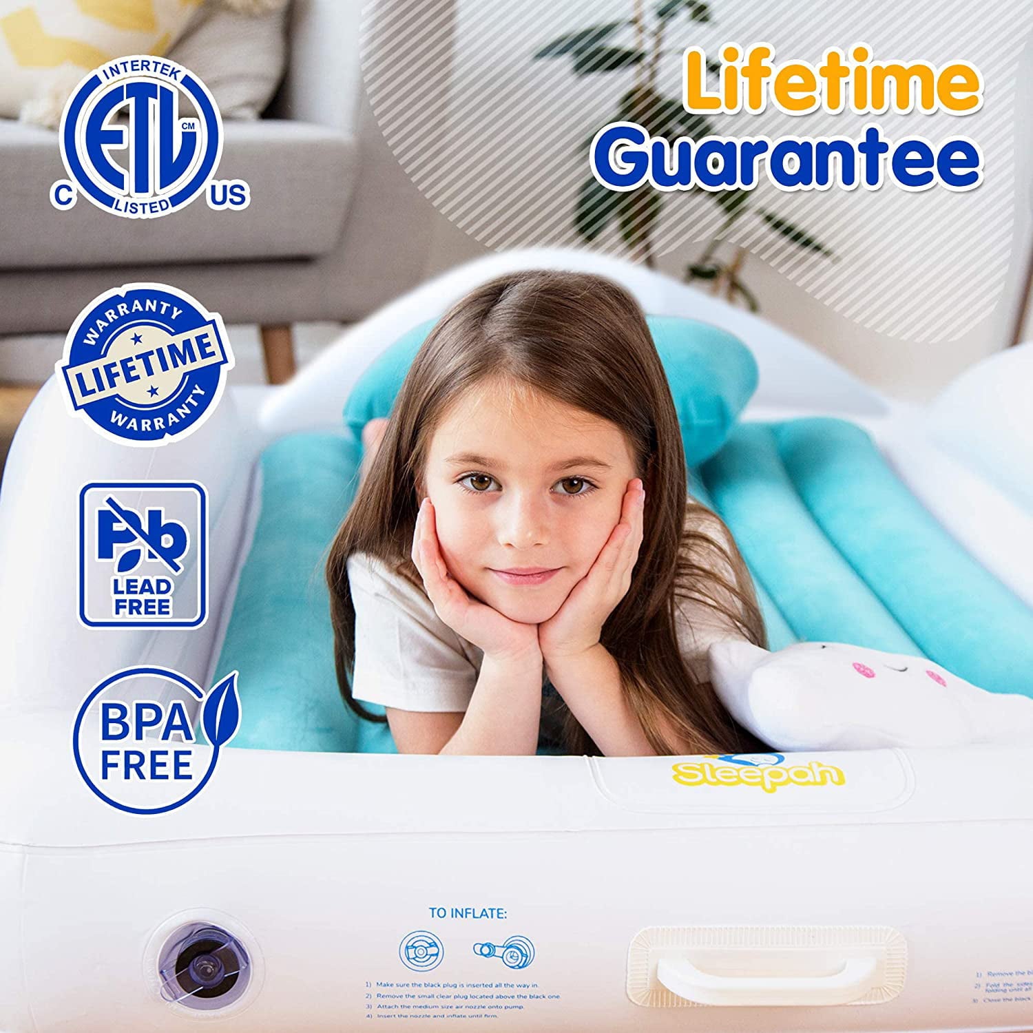 Sleepah Inflatable Toddler Travel Bed Inflatable and Portable Air Mattress Blow up Bed Bed Rails Twin