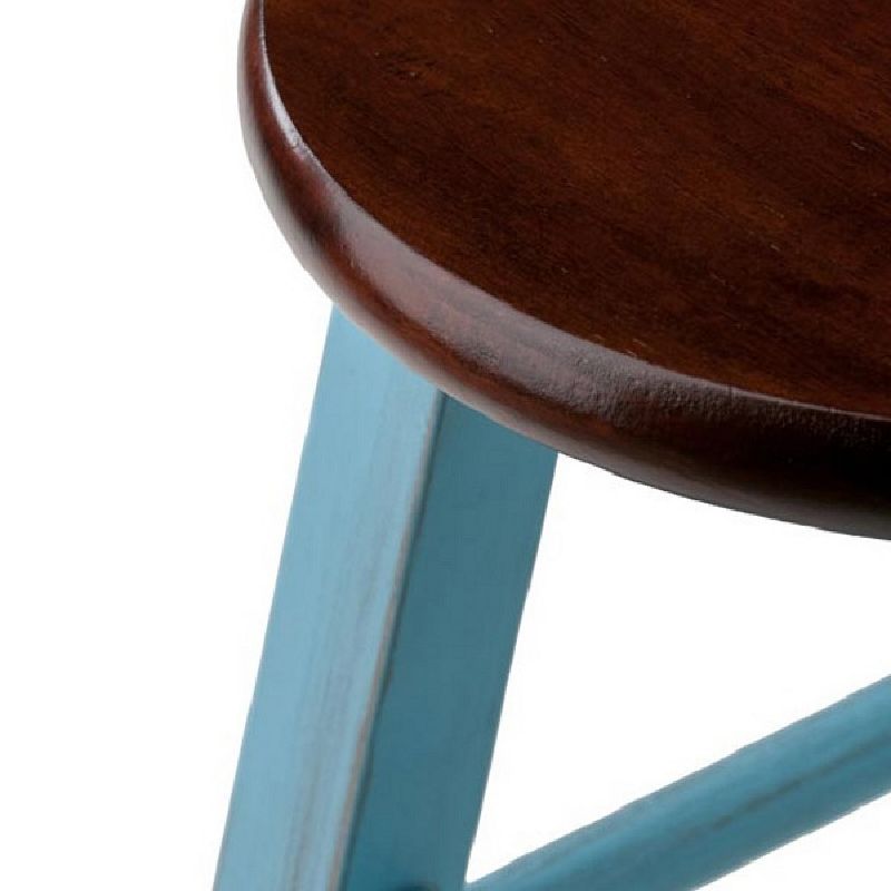 24” Rustic Light Blue Round Counter Stool with Walnut Seat