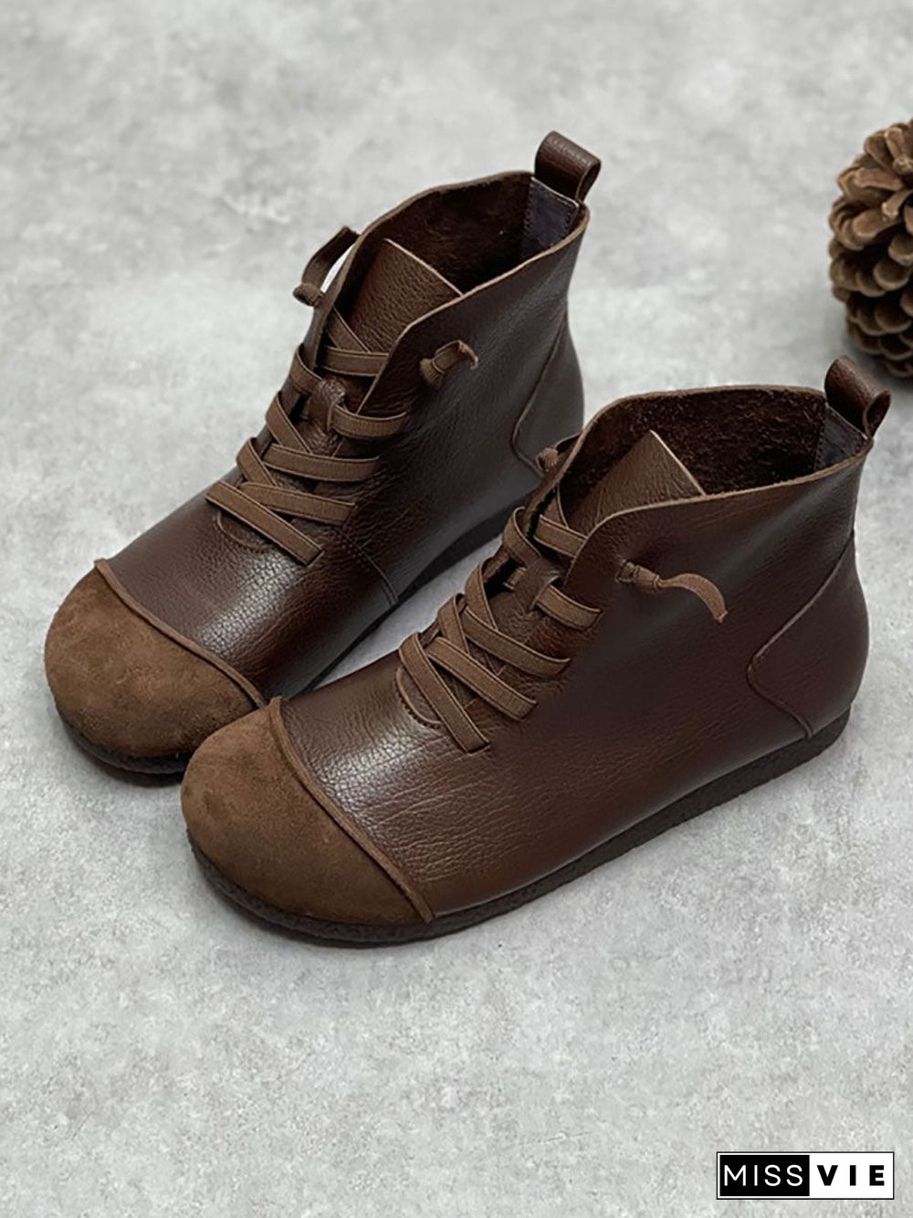 Women Winter Vintage Leather Drawstring Splicing Ankle Boots