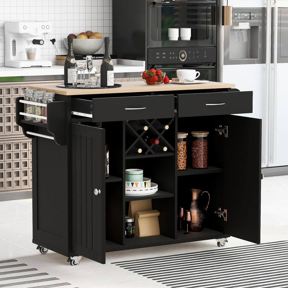 FAMYYT Black Wood Desktop 48 in. Kitchen Island with Wine Rack and Four Locking Wheels XJ-294554BK-L