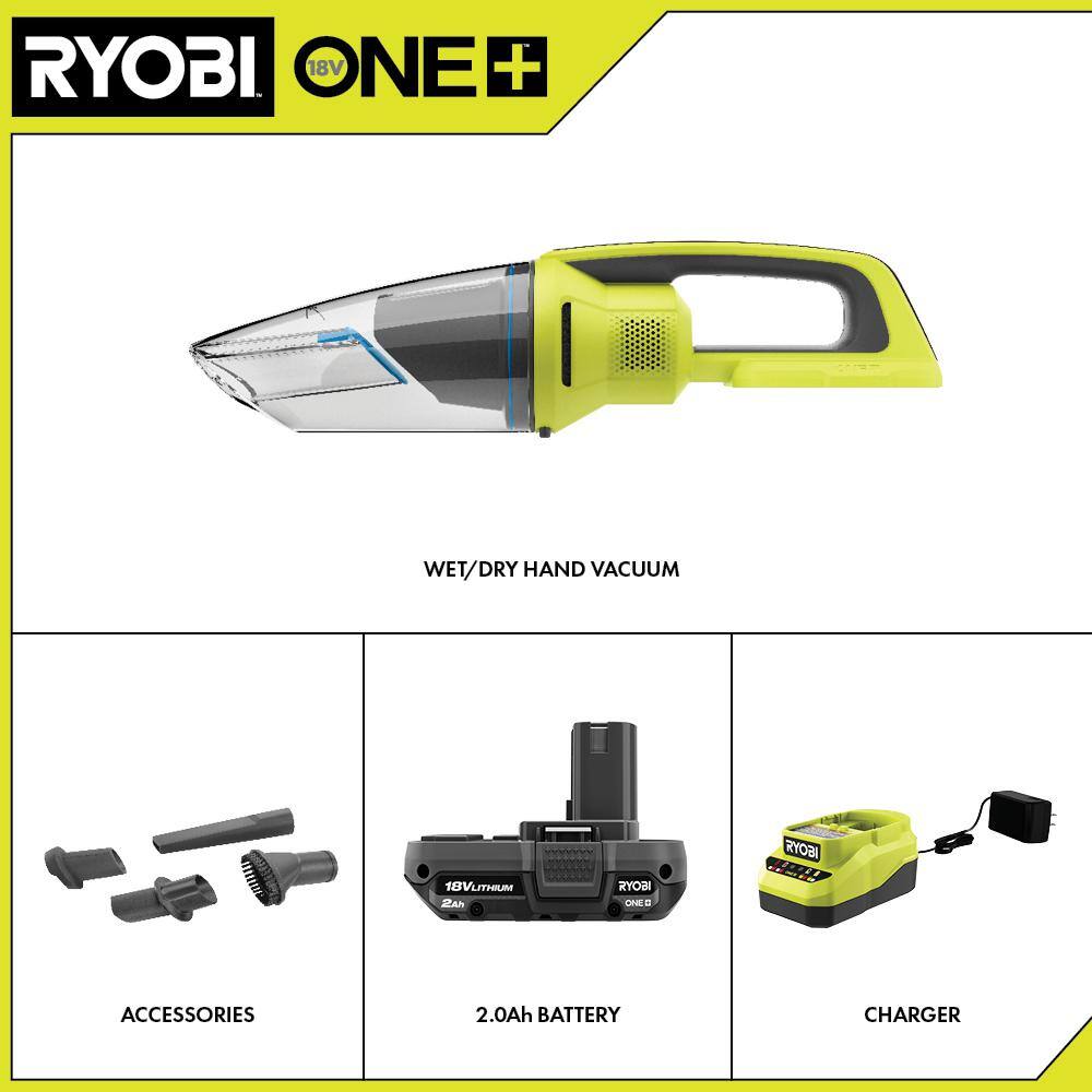 RYOBI ONE+ 18V Cordless WetDry Hand Vacuum Kit with 2.0 Ah Battery and Charger PCL702K