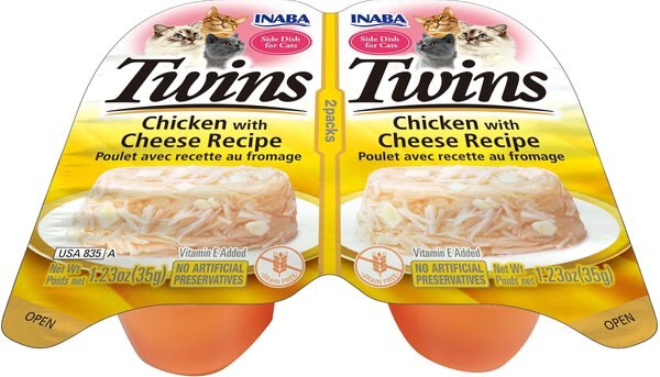 Inaba Twins Chicken with Cheese Recipe Grain-Free Cat Food Topper， 1.23-oz， pack of 2