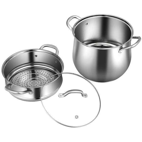 2-Tier Steamer Pot Saucepot Stainless Steel with Tempered Glass Lid