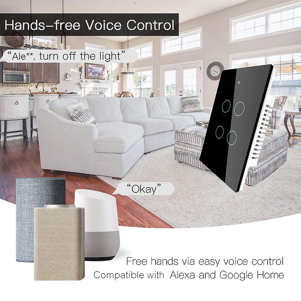 Black Upgraded 4 Gang Wi-fi Smart Touch Switch Easy Pairing Multi-control Association Backlight On/ Off App Control Voice Control Compatible With Alex