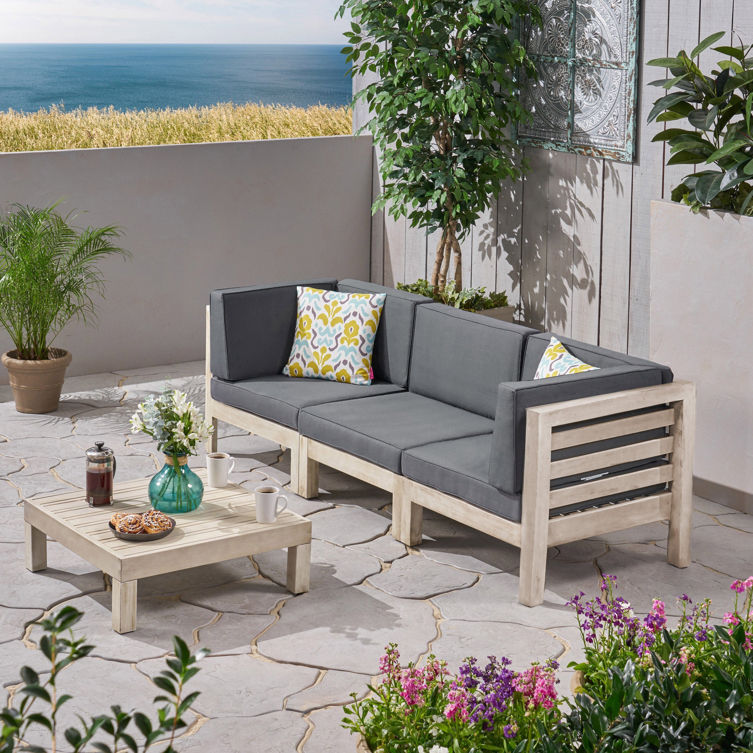 Dawson Outdoor Sectional Sofa Set with Coffee Table - 4-Piece 3-Seater - Acacia Wood - Outdoor Cushions