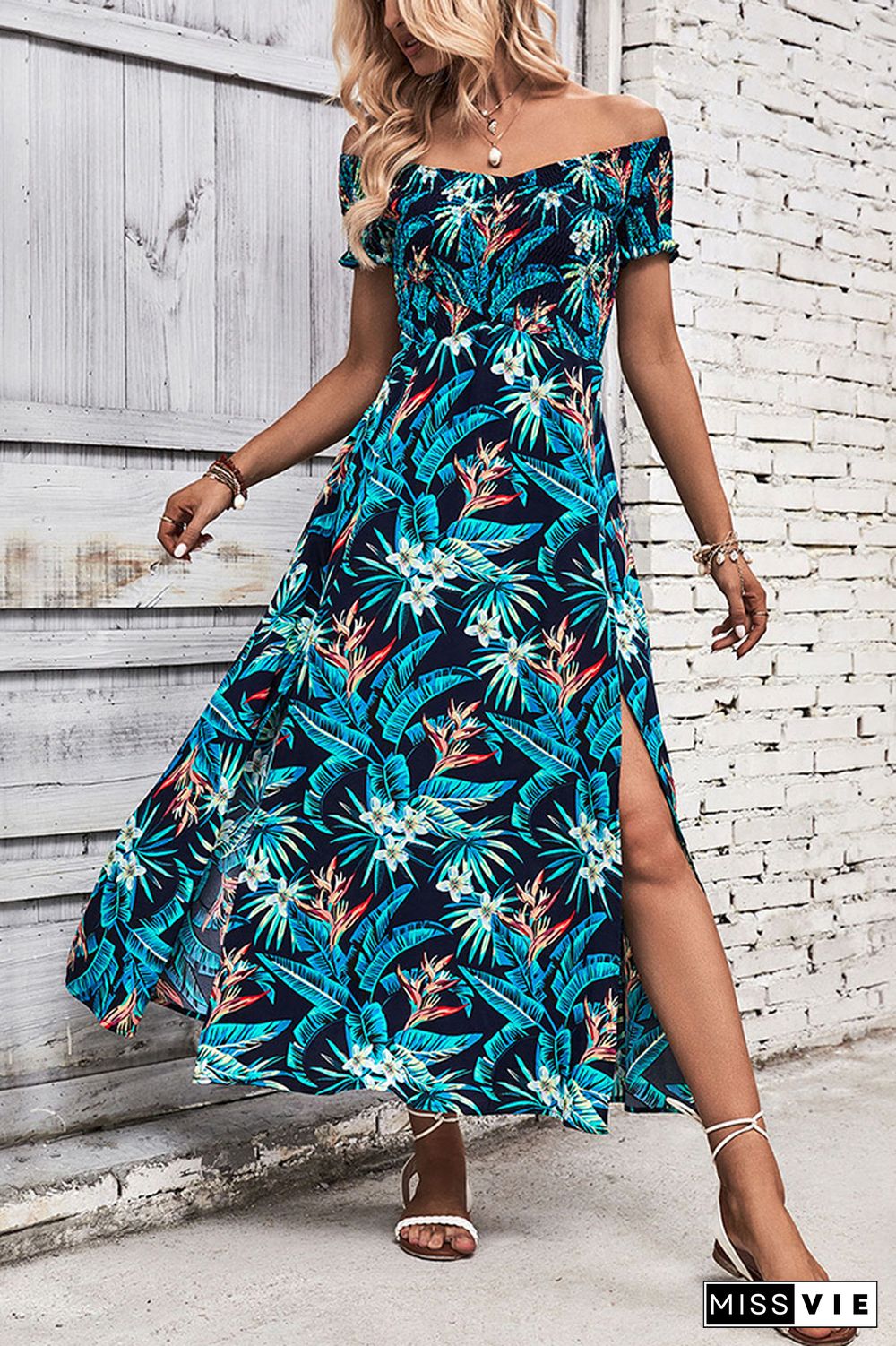 Navy Floral Off Shoulder Smocked Maxi Dress