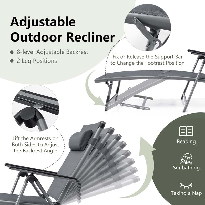 Folding Aluminum Chaise Lounge Chair with Quick-Drying Fabric, 8-Position Outdoor Lounge Recliner