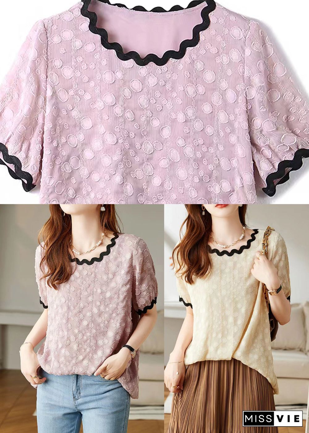 Pink Patchwork Cozy Chiffon T Shirts Puff Sleeve