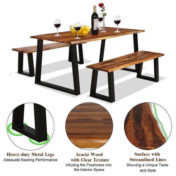 Gymax Picnic Table Set Acacia Wood 3 Piece Table Bench Outdoor Patio