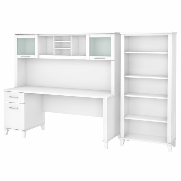 Bush Furniture Somerset 72W Office Desk with Hutch and 5 Shelf Bookcase in White