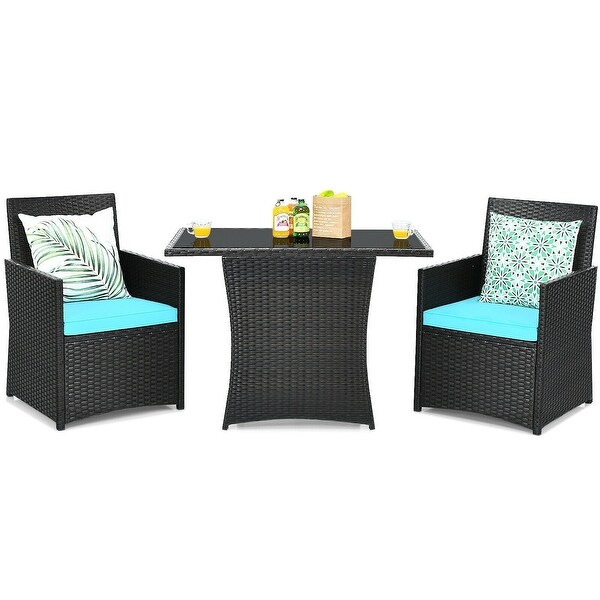 3 Pieces Patio Rattan Furniture Set with Cushion and Sofa Armrest - Turquoise - 51