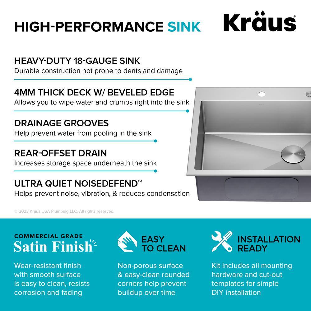 KRAUS Loften Stainless Steel 25 in. 1-Hole Single Bowl Drop-in  Undermount Kitchen Sink with Accessories KHT411-25