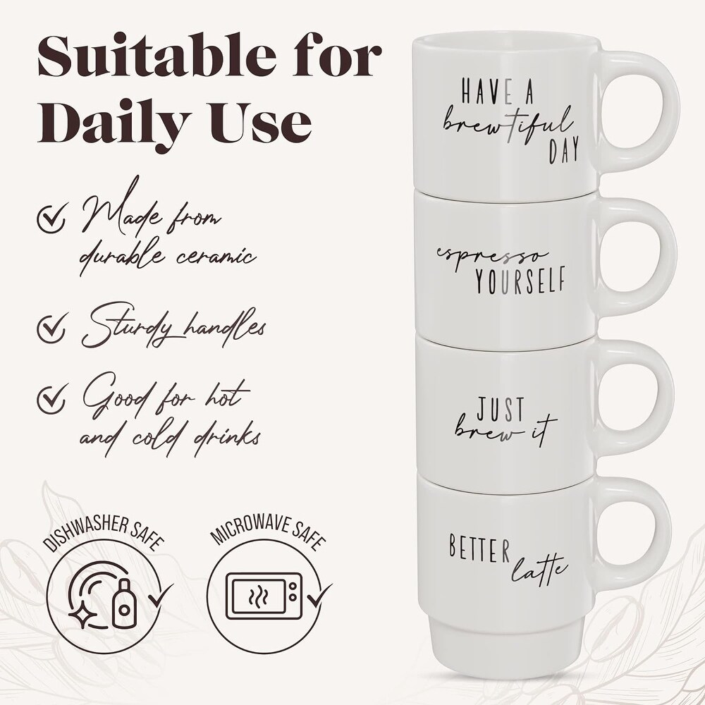 Coffee World Text Ceramic 4 Mug Set with Stackable Metal Rack