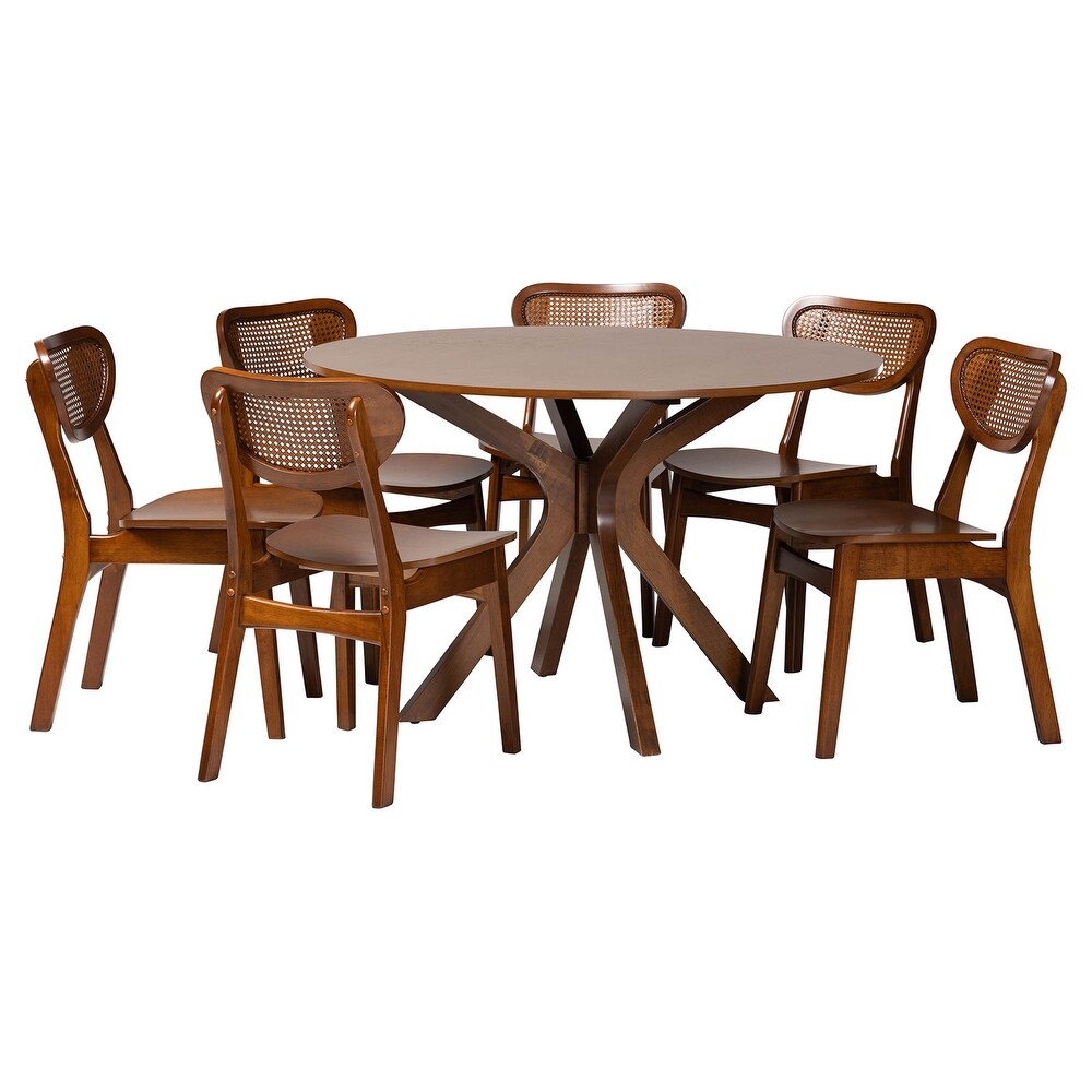 Giuliana Mid Century Modern Wood and Woven Rattan 7 Piece Dining Set