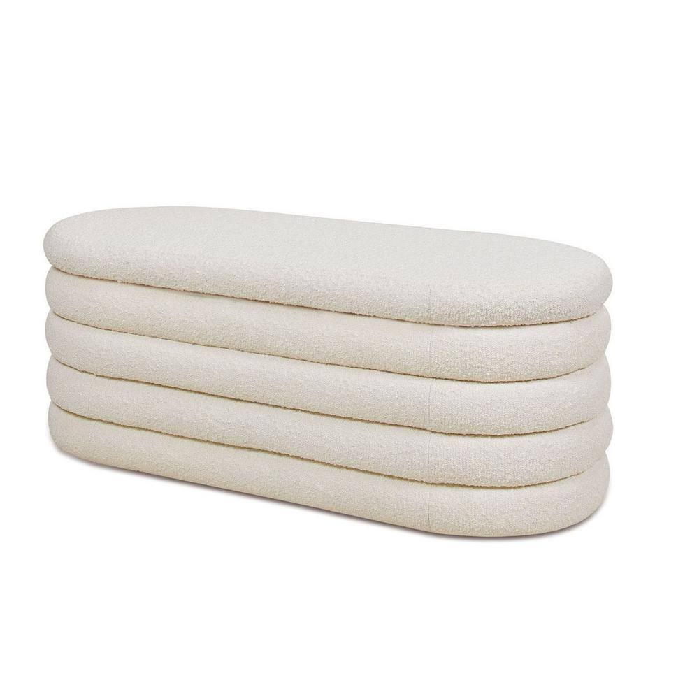 Jennifer Taylor Fuji 19 in. Upholstered Oval Storage Bench Ivory White Boucle 85750-MBW