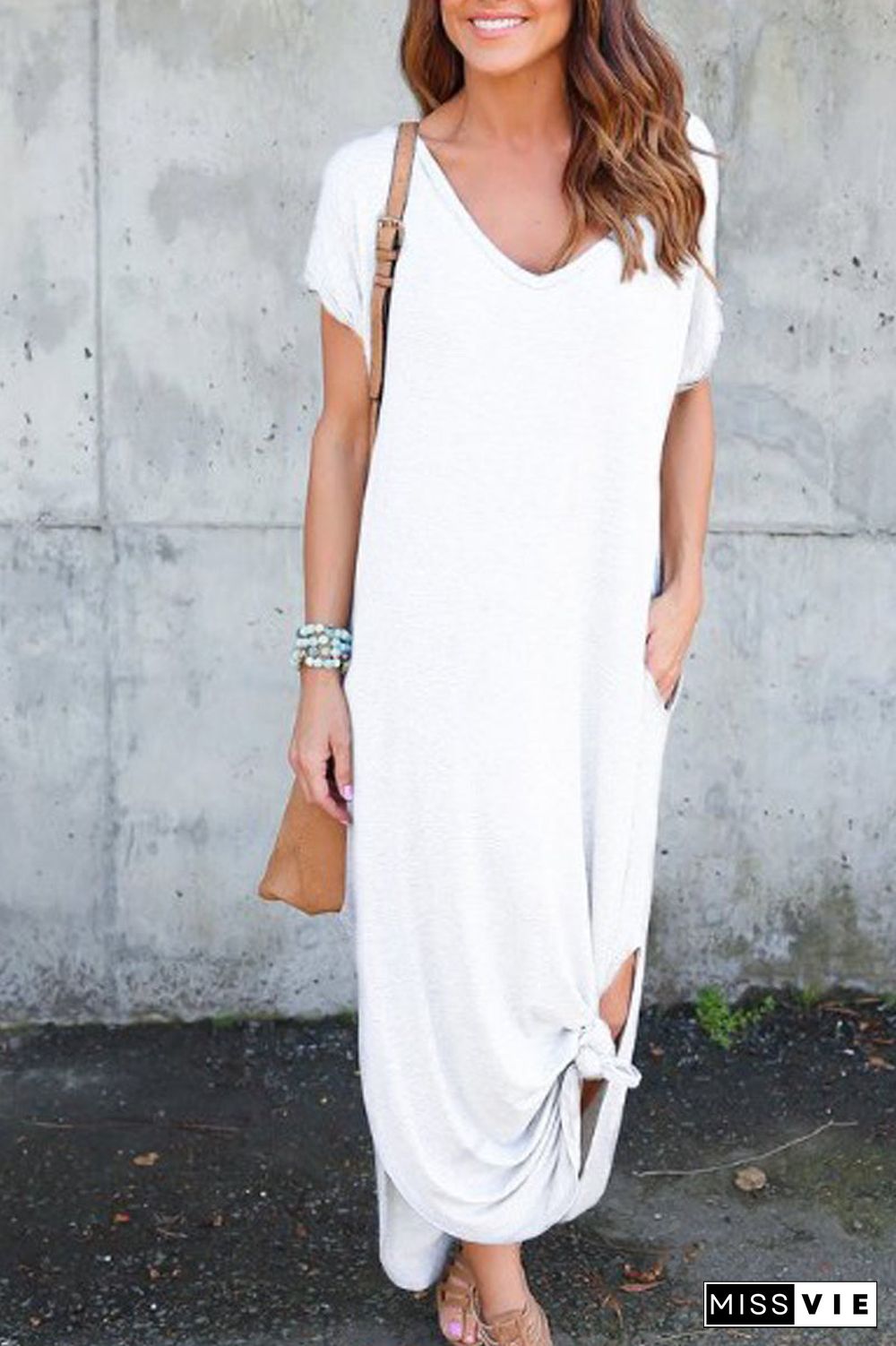 Solid Side Slit Pocket Maxi Dress