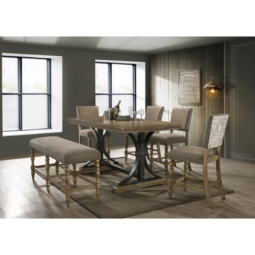 Roundhill Furniture Birmingham 6 piece Driftwood Finish Table with Nail Head Chairs Counter Height Dining Set