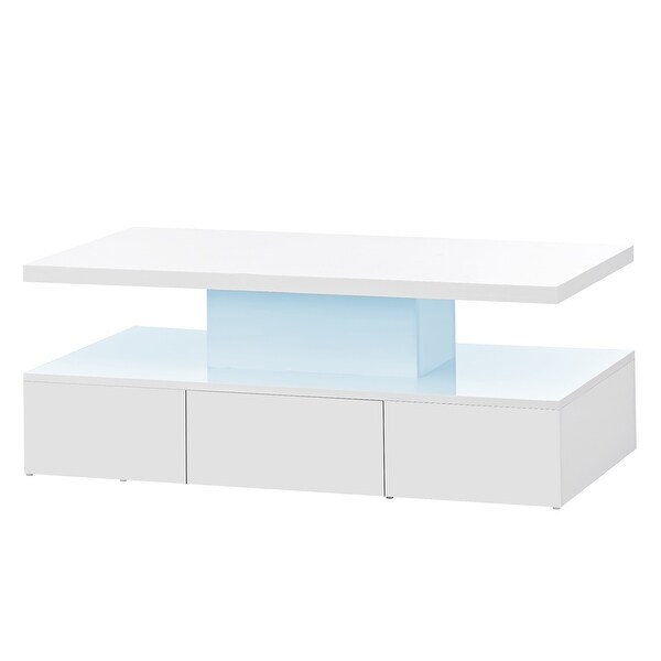 Modern Glossy Coffee Table with Drawer， 2-Tier Rectangle Center Table