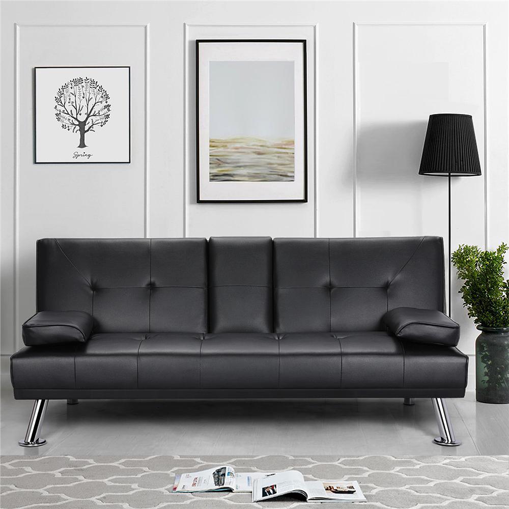 LuxuryGoods Modern Faux Leather Futon with Cupholders and Pillows Black  Crowdfused