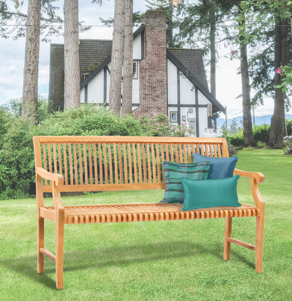 Teak Wood Castle Outdoor Patio Bench with Arms  5 ft   Traditional   Outdoor Benches   by Chic Teak  Houzz