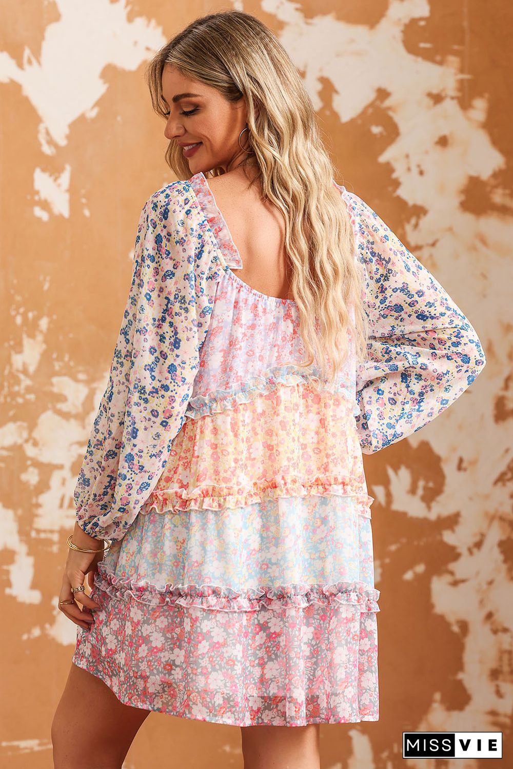 Sky Blue Floral Colorblock Tiered Puff Sleeve Dress