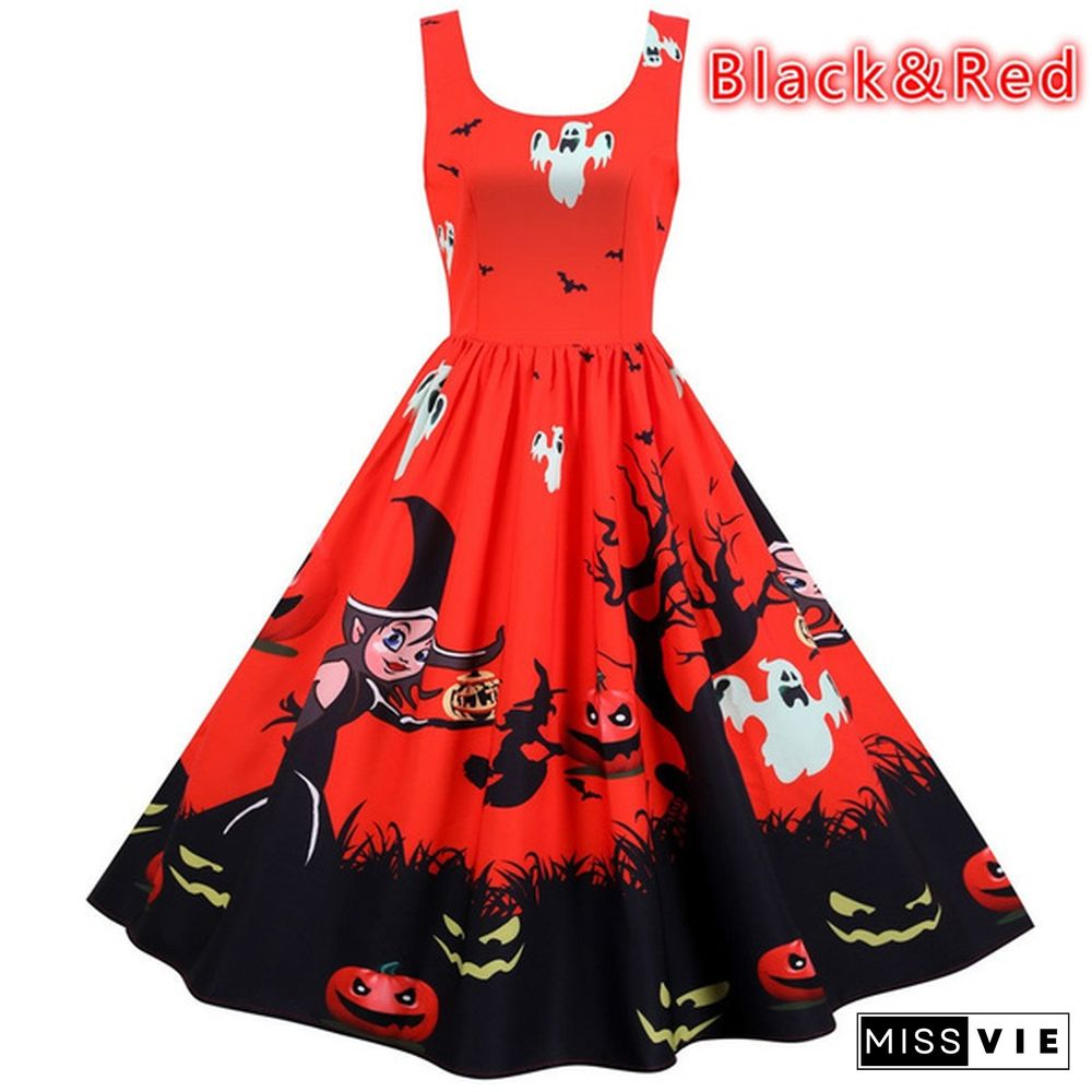 Women Halloween Party Dress Sleeveless Skull Pumpkin Printed Swing Dress