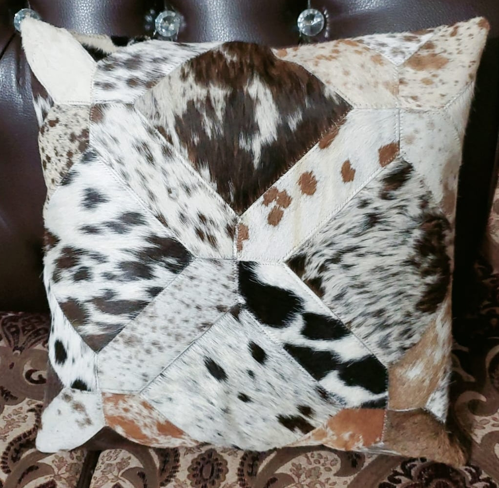 Cowhide Patchwork Cushion Covers (16 X 16 inch) | 100% Natural Hair on Cowhide Leather Pillow Cases | Real Cowhide Cushion Covers (Tricolor 3)