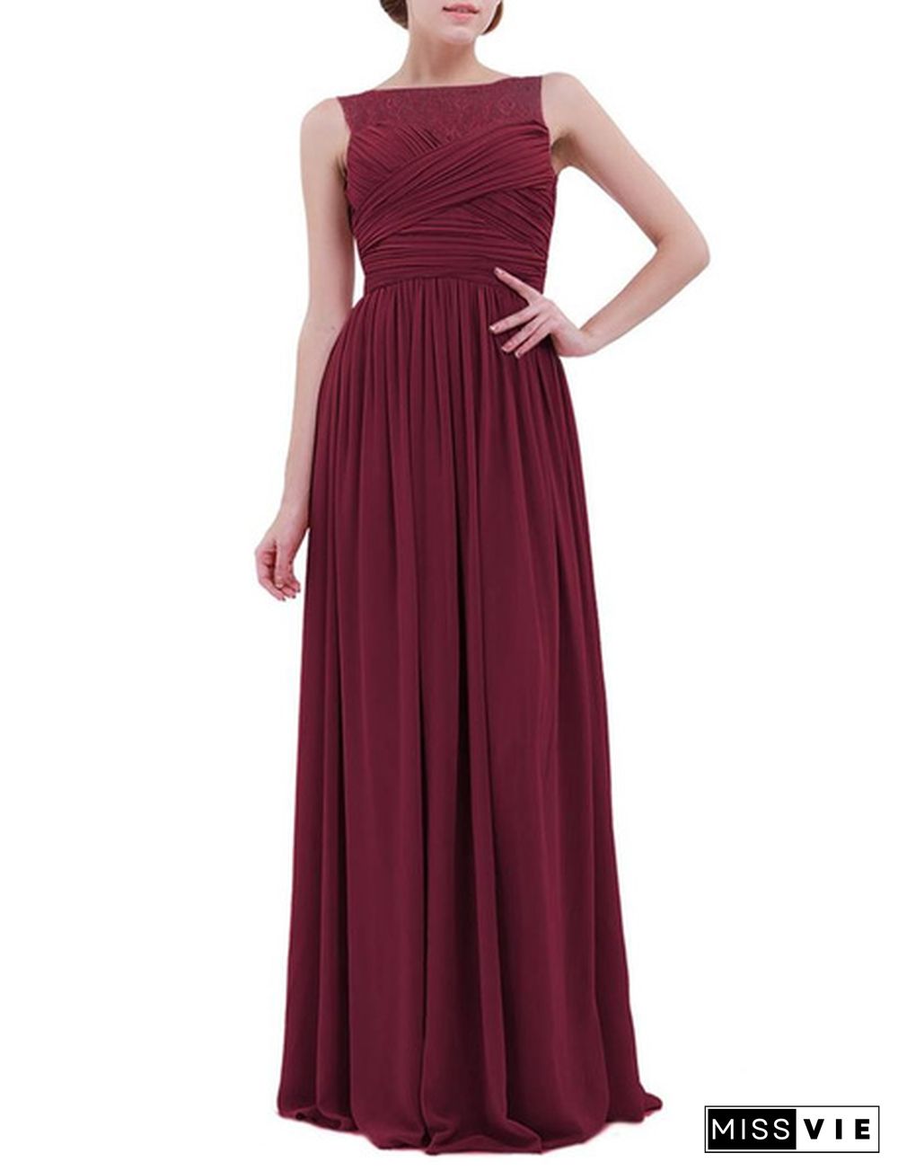 Women Chiffon Full Length Bridesmaid Wedding Evening Cocktail Dress Lace Sleeveless Dress US 4-16