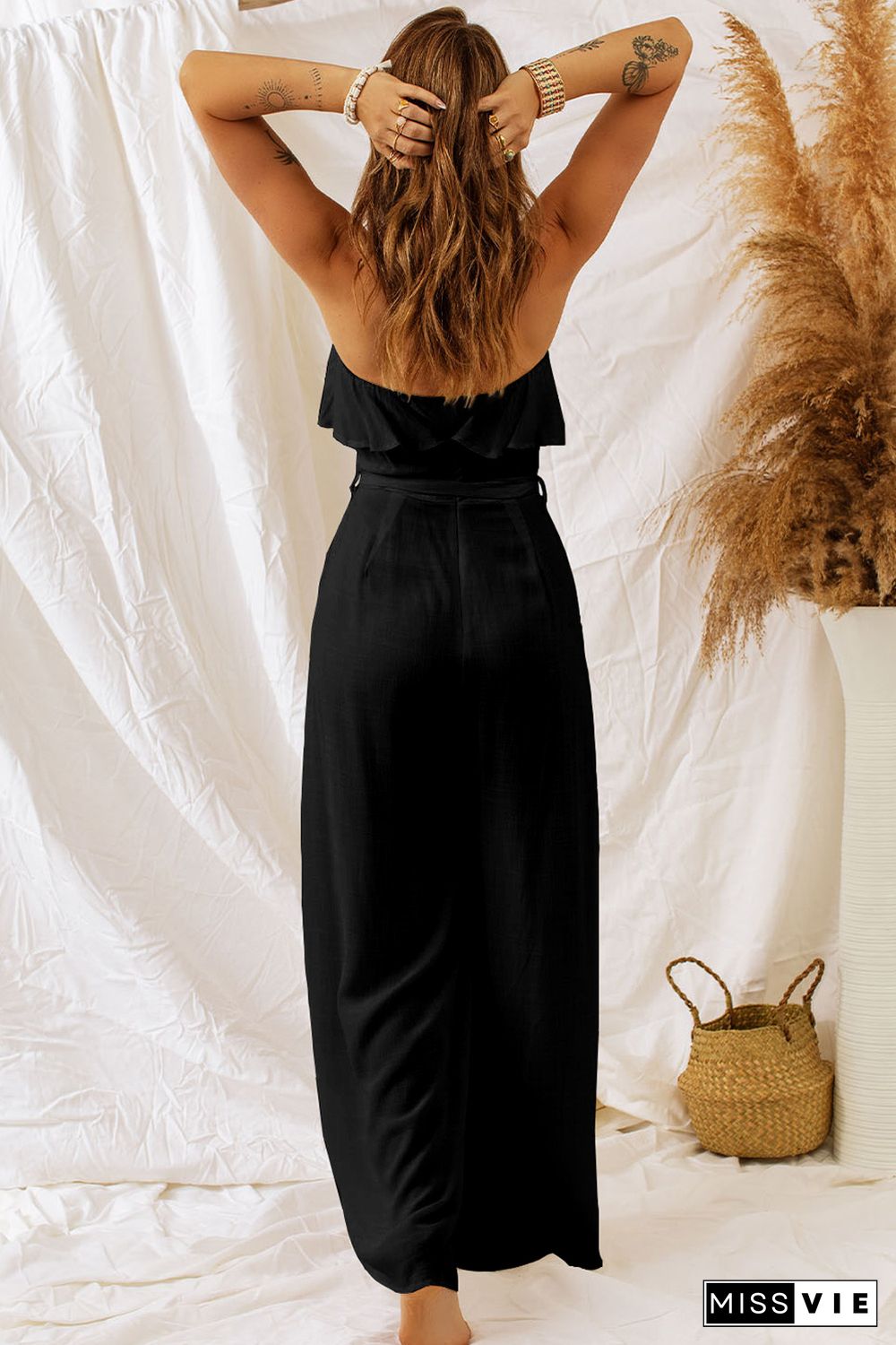 Black White Ruffled Bandeau Wide Leg Jumpsuit