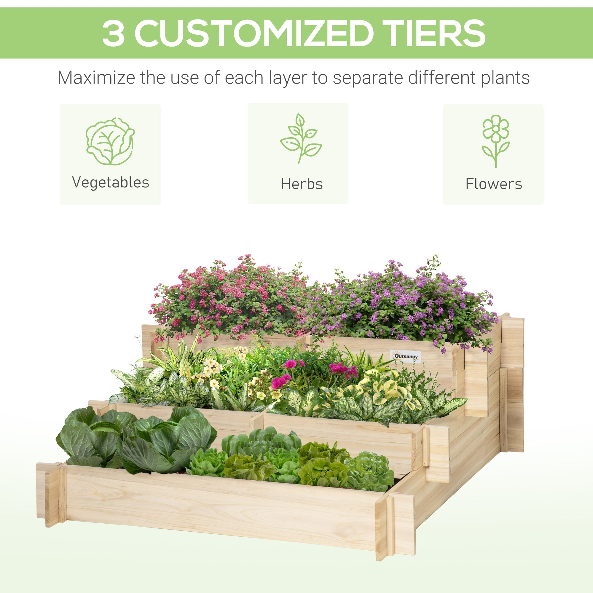 Outsunny 3-Tier Wood Raised Garden Bed with Non-woven Fabric inside, Tiered Planter, Outdoor Vegetable Flower Container, Natural