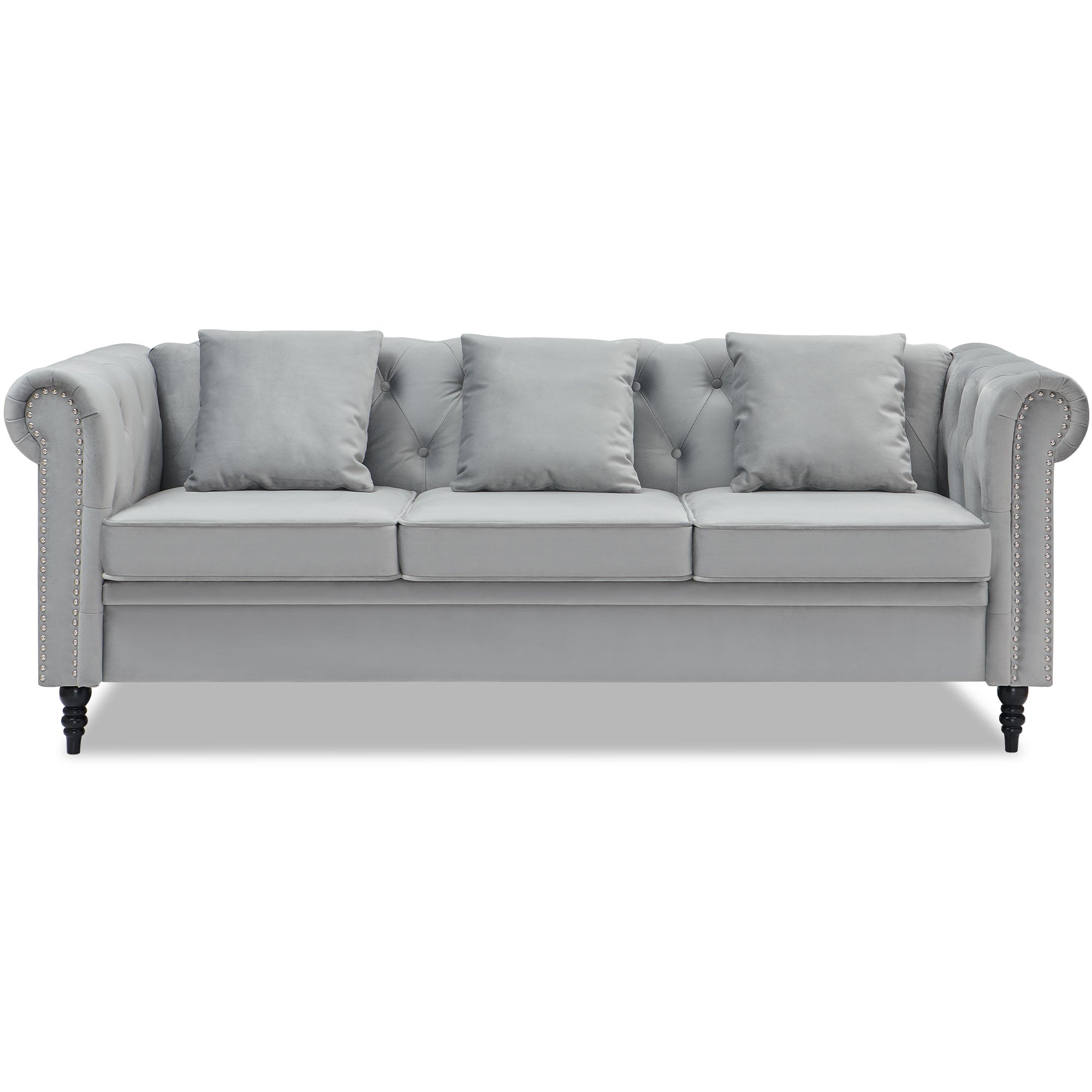 GERICCO Chesterfield Sofa Velvet,3 Seater Couch Furniture,Couches for Living Room with Deep Button Tufting,Large Sofa with Rolled Arms (Gray)