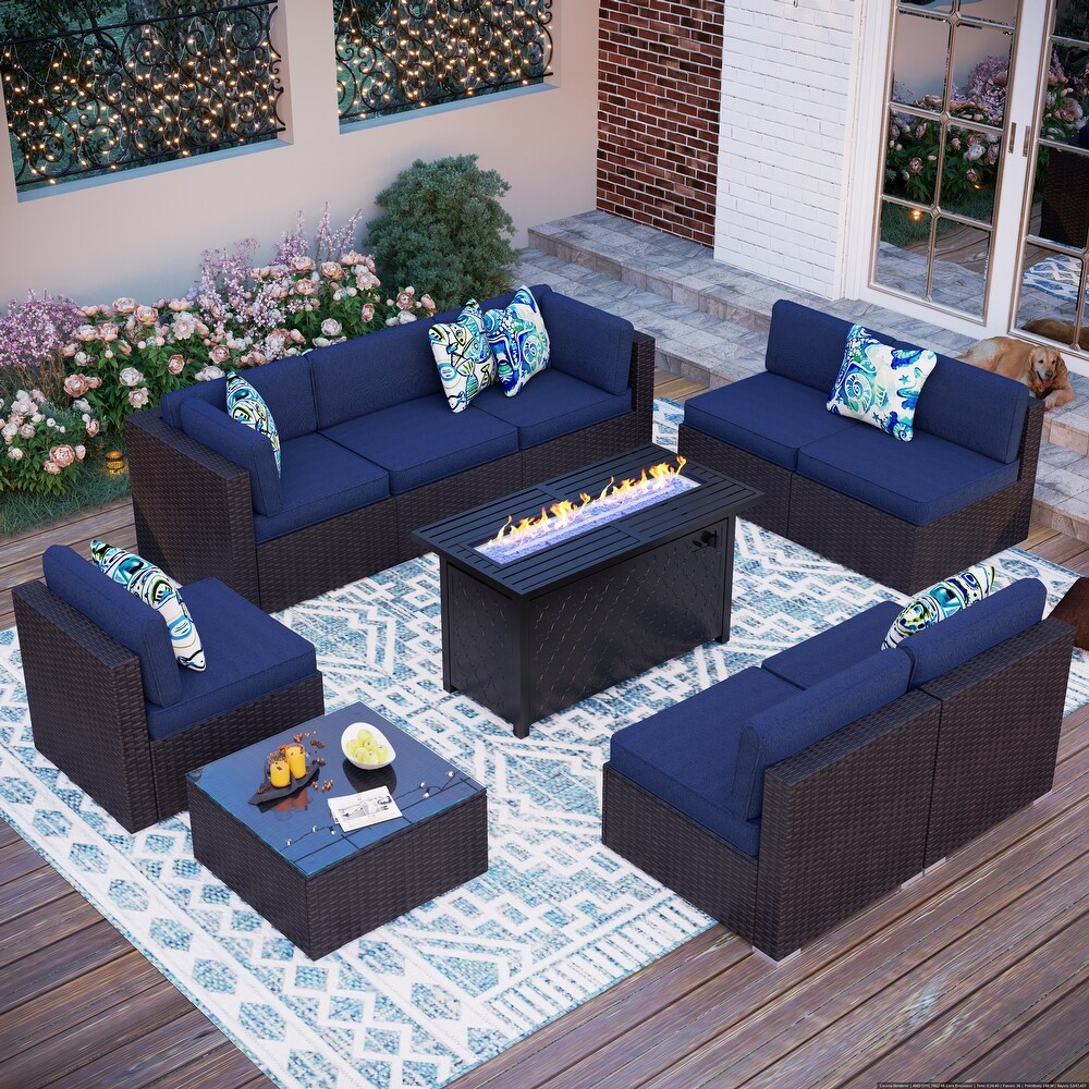 8 Seater Fire Pit Table Rattan Sectional Sofa Set