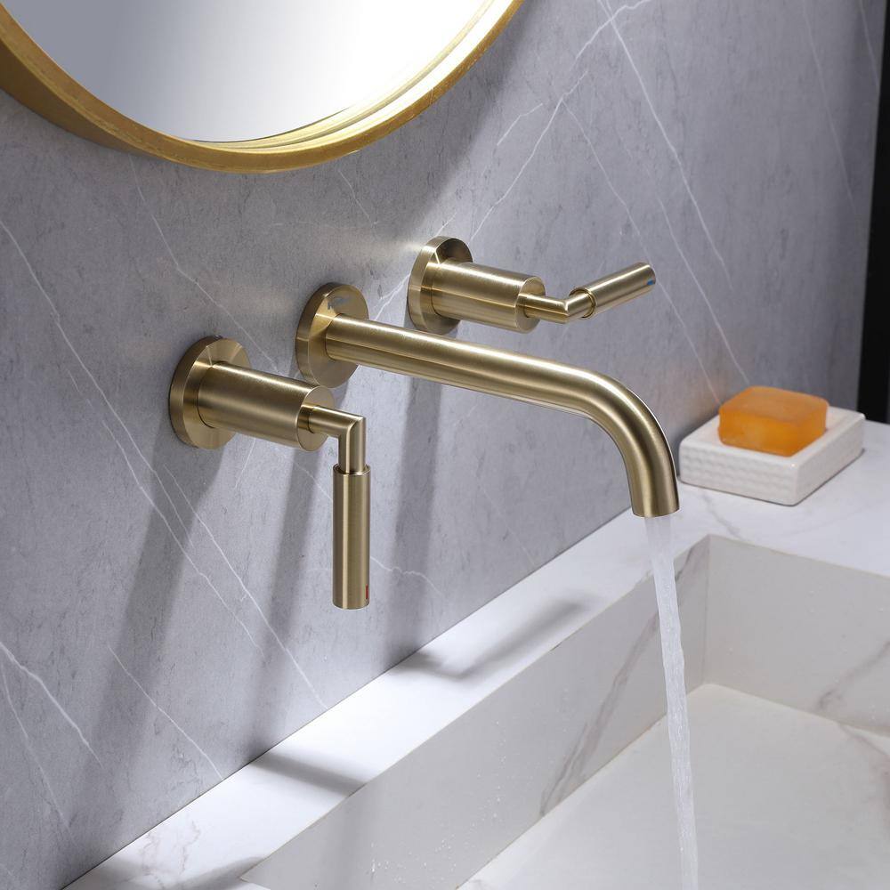 IHOMEadore Double Handle Wall Mounted Bathroom Faucet in Brushed Gold JK-RWBF60007GB