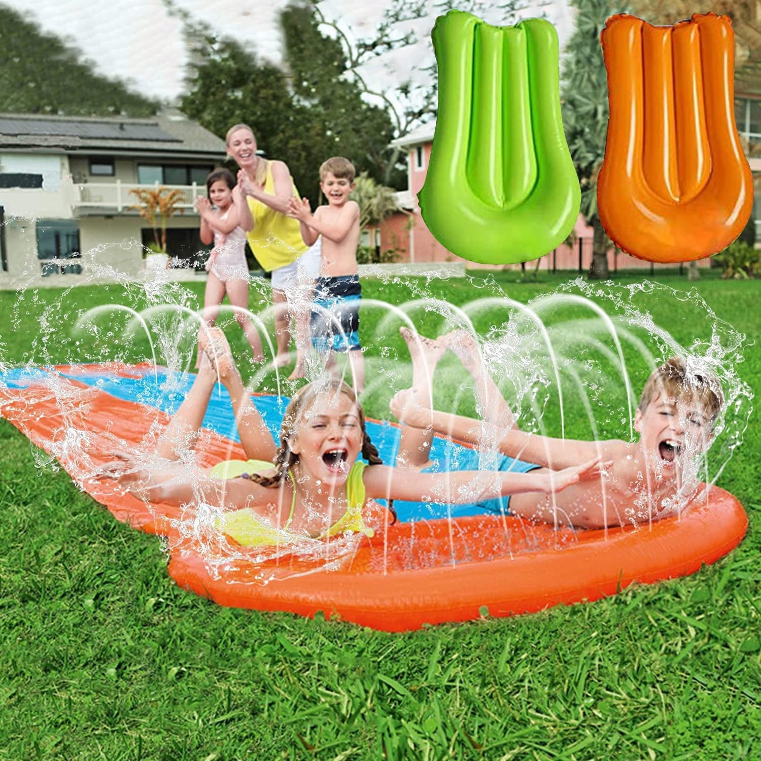 Terra Unique Inflatable Slide Blow Up Water Toys for Outdoors, Water Slip Racing Lanes Splash Pool for Kids and Adults