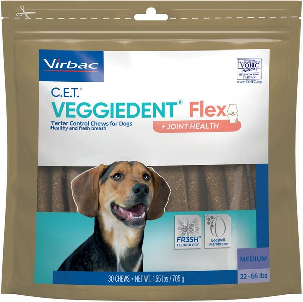 Virbac C.E.T. VeggieDent Flex + Joint Health Dental Chews for Medium Dogs， 22-66 lbs