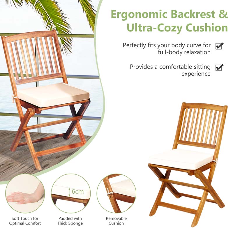 3 Pcs Acacia Wood Patio Folding Bistro Set Outdoor Chair Table Set with Padded Cushion & Round Coffee Table