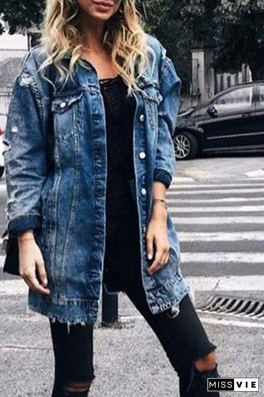 Medium Long Hole Denim Jacket Trench Coat