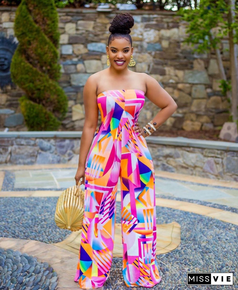 Sexy Multicolor Printed Strapless Flared Jumpsuit