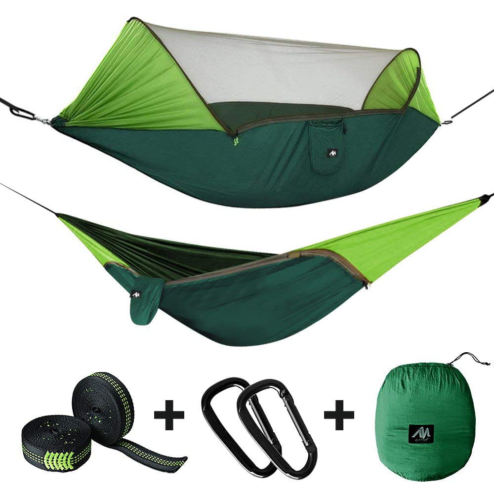 IClover Spring Portable Double Person Camping Hammock Tent Strength Sleeping Hanging Bed with Removable Mosquito Net Including Straps Carabiners, Rope & Carry Bag Green