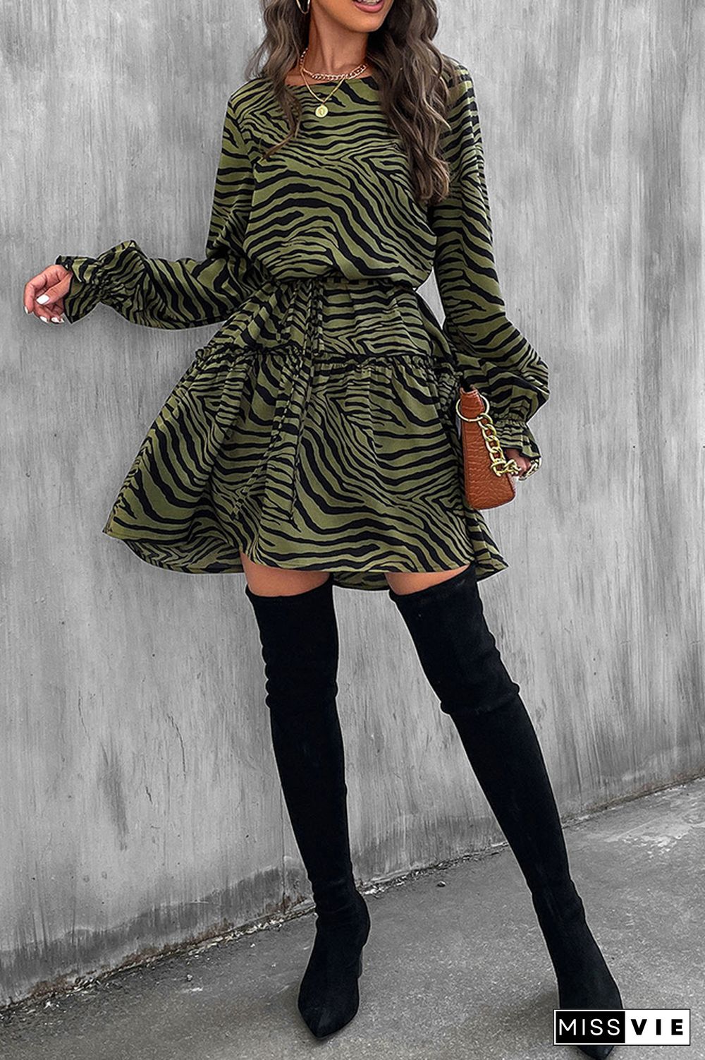 Zebra Print Puff Sleeves Ruffle Mini Dress