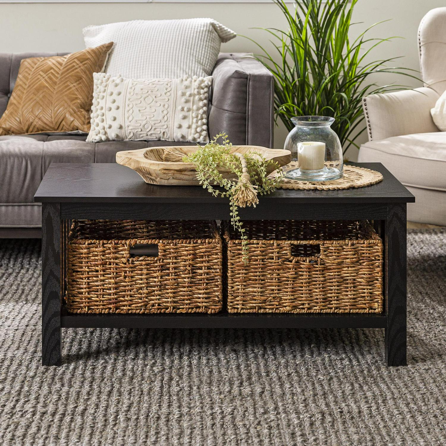 Woven Paths Traditional Storage Coffee Table with Bins， Black