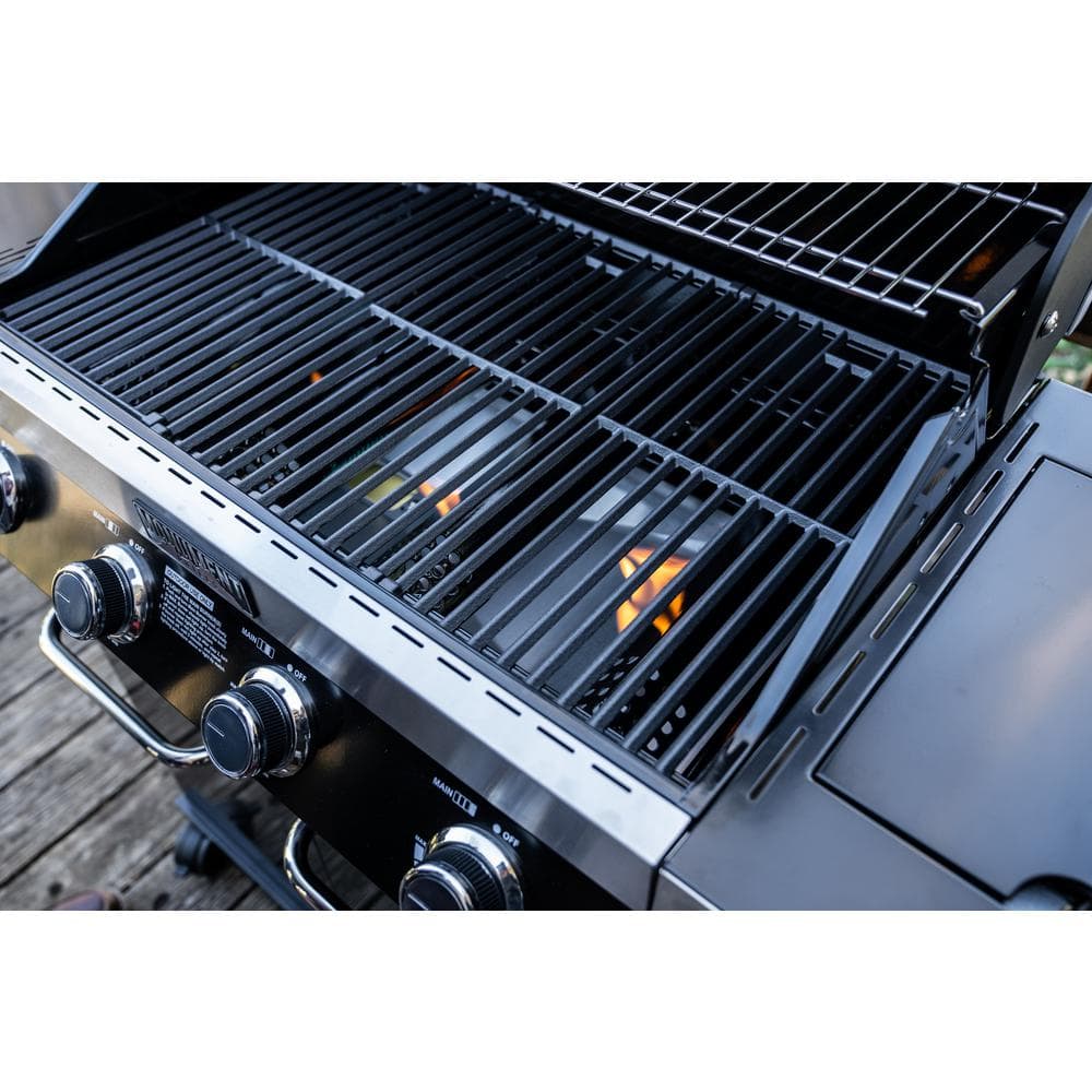 Monument Grills 4-Burner Propane Gas Grill in Black with ClearView Lid, LED Controls, Side Burner and USB Light 24633