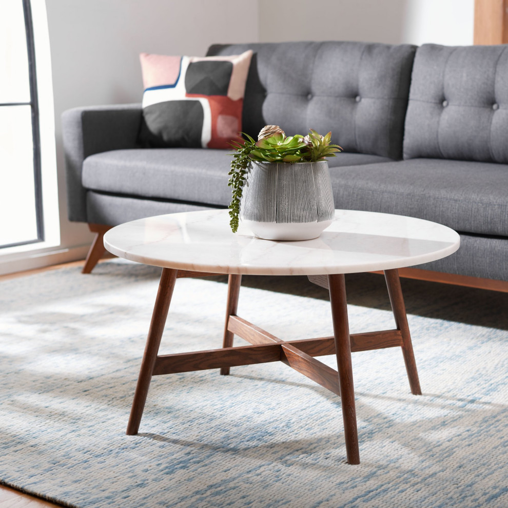 Mid Century Coffee Table  Crossed Walnut Finished Base and White Faux Marble Top   Midcentury   Coffee Tables   by Declusia  Houzz