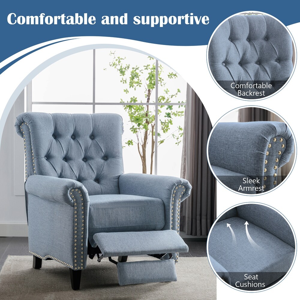 Pushback Linen Tufted Recliner Single Sofa with Nailheads Roll Arm  Adjustable Recliner for Living Room  Bedroom  Office  Blue