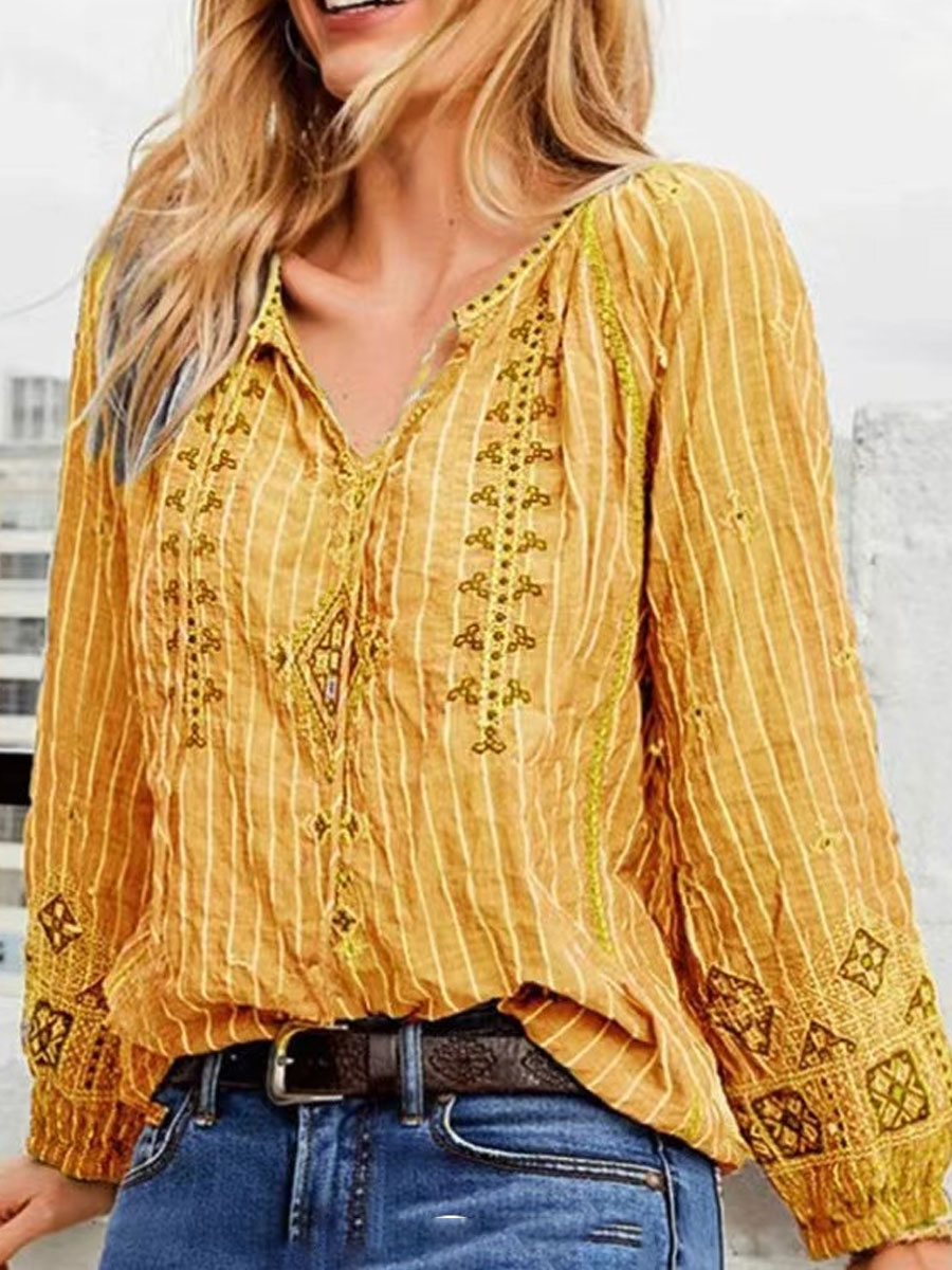 Casual Loose Embroidered Long Sleeve Blouse