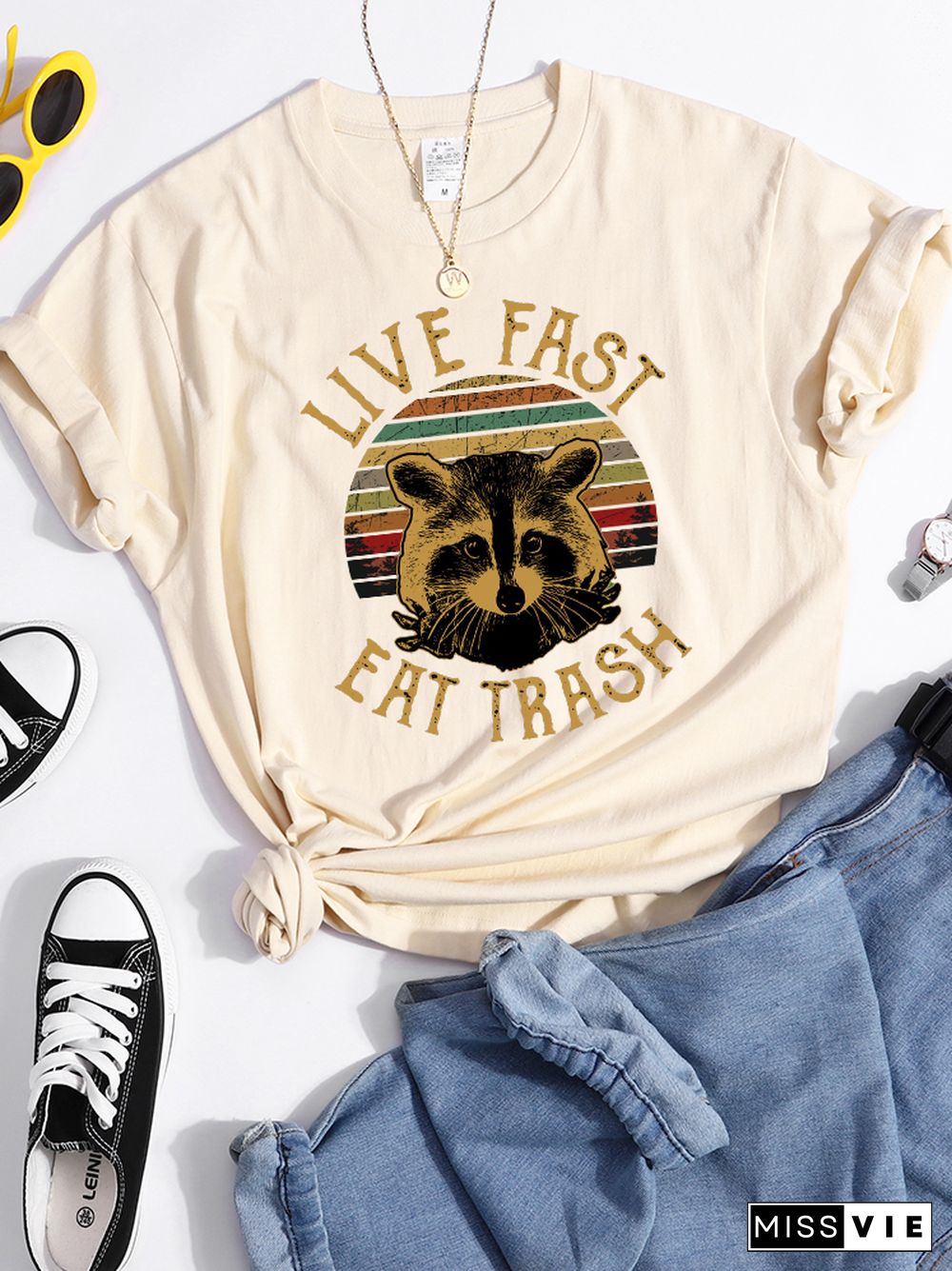 Live Fast Eat Trash Stray Raccoon Print Women T Shirt Fashion Casual Tshirt Street Hip Hop Crop Top Harajuku Sport Cool T-Shirts