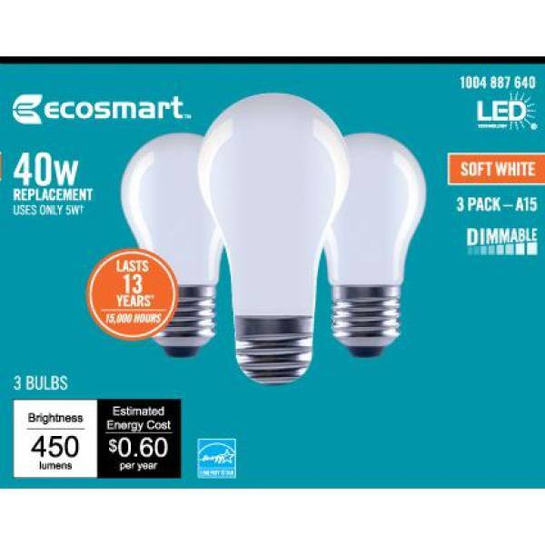 EcoSmart 40-Watt Equivalent A15 Dimmable ENERGY STAR Frosted Glass Deco Filament LED Vintage Edison Light Bulb Soft White(3-Pack) FG-04057